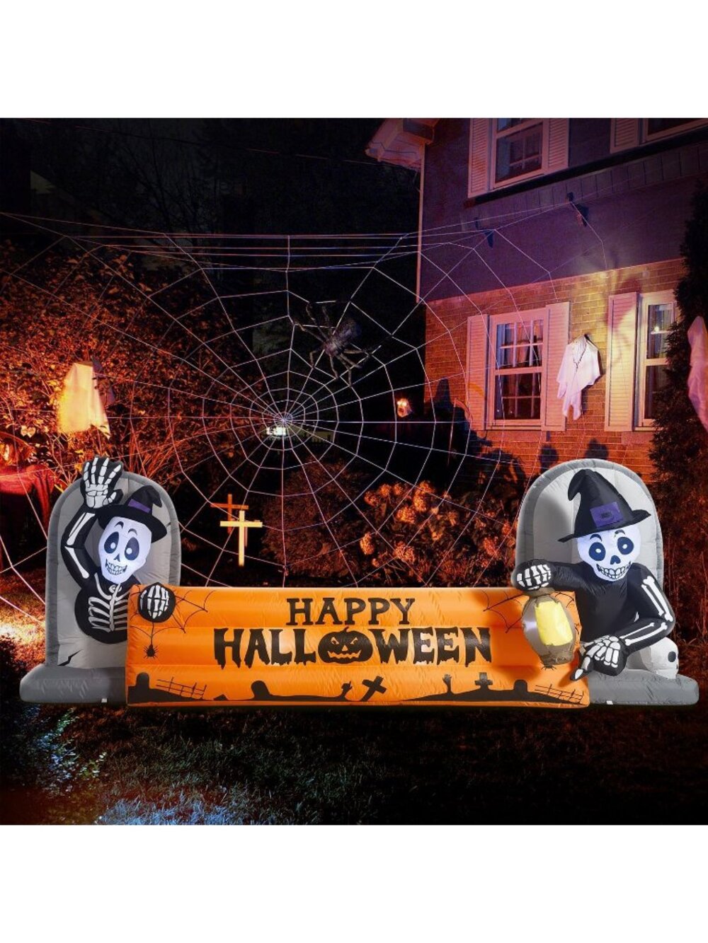 🎃10FT Halloween Inflatable Skeleton Tombstone Banner Build-in LED Light Blow Up